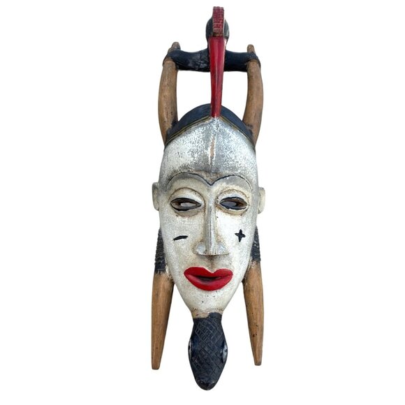 African GURO Tribal Mask Horns Snake Wall Art Decor Wooden Hand Carved Painted - Picture 1 of 16